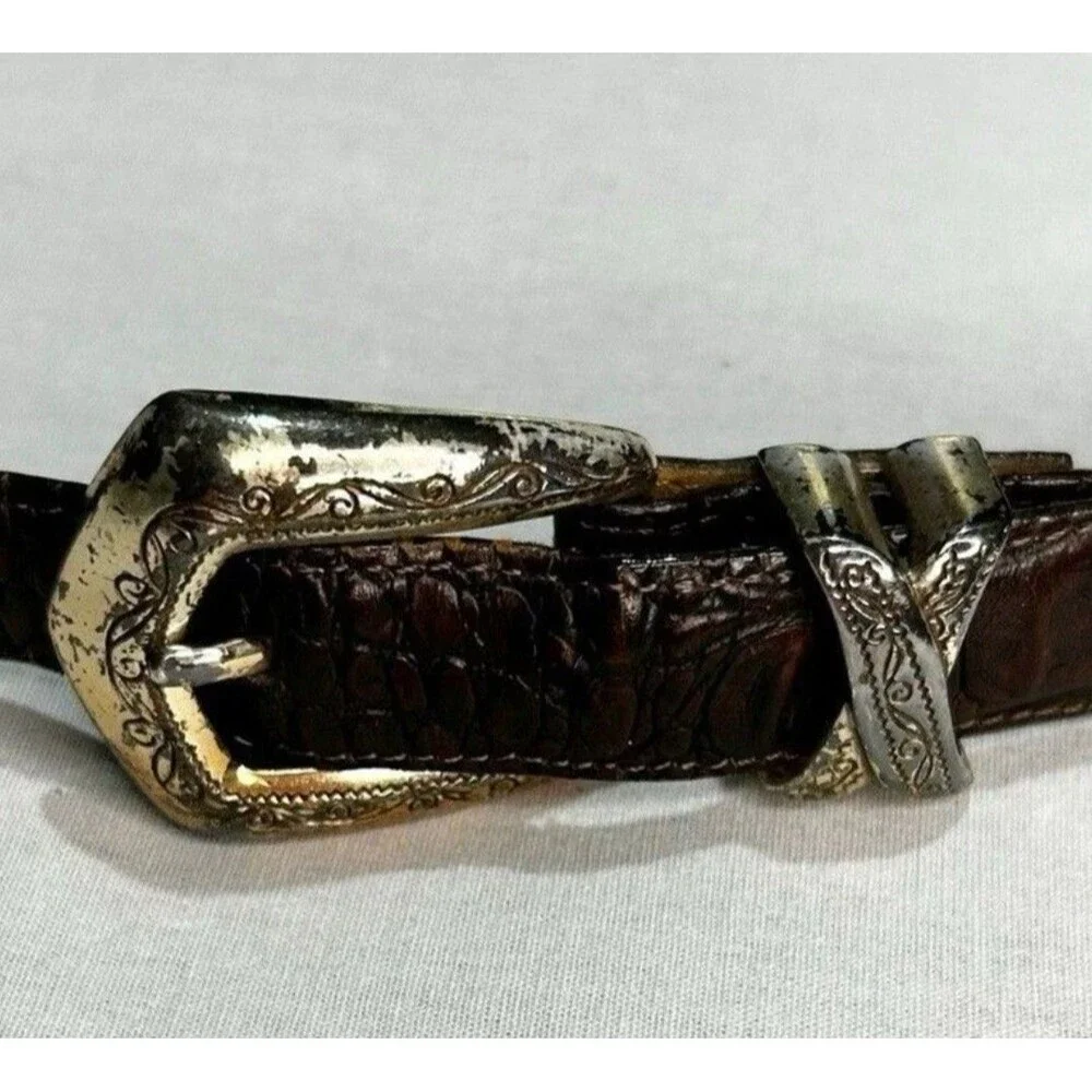 Brighton Western Leather Aligator Brown  Sliding Metal Small Silver Studs Vtg